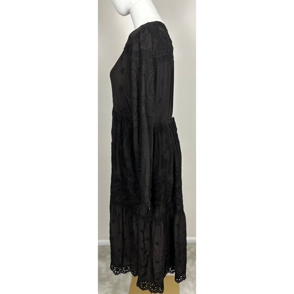 Johnny Was Embroidered Eyelet Midi Dress Size S Black Long Sleeve Ruffle NWOT - Picture 5 of 7